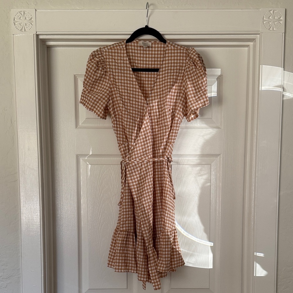LOFT Gingham Mini Dress in Tan and White